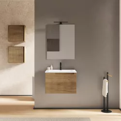 Mobile bagno sospeso 60 cm rovere europeo cannettato e specchio - Konai