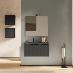 Mobile bagno sospeso 80 cm cannettato con lavabo grigio notte e specchio - Konai