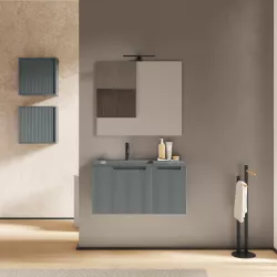 Mobile bagno sospeso 80 cm cannettato con lavabo oceano opaco e specchio - Konai