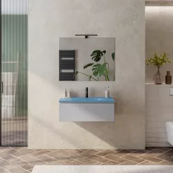 Mobile bagno sospeso 80 cm grigio matt con lavabo in vetro blu e specchio - Verano