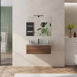 Mobile bagno sospeso 80 cm rovere deciso con lavabo in vetro marrone kodiak e specchio - Verano