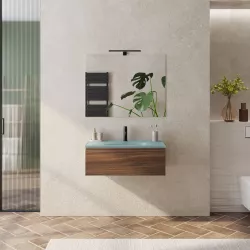 Mobile bagno sospeso 80 cm rovere deciso con lavabo in vetro verde e specchio - Verano