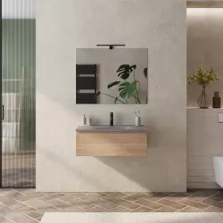 Mobile bagno sospeso 80 cm rovere biscuit con lavabo in vetro marrone kodiak e specchio - Verano