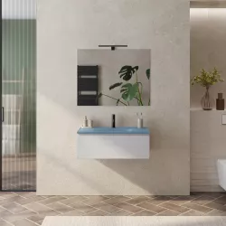 Mobile bagno sospeso 80 cm bianco petalo con lavabo in vetro blu e specchio - Verano