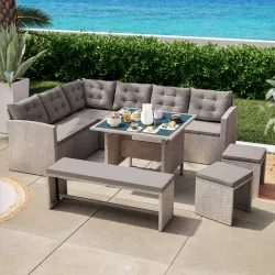 Set pranzo tavolo 90x90 cm top in vetro divano angolare pouf e panca in polyrattan tortora - Linares