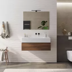 Mobile bagno sospeso 100 cm rovere deciso con top lavabo bianco opaco e specchio - Verano