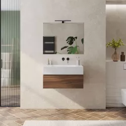 Mobile bagno sospeso 80 cm rovere deciso con top lavabo bianco opaco e specchio - Verano