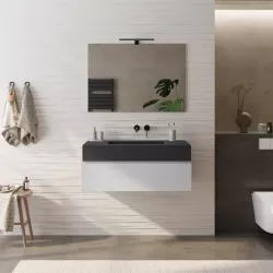 Mobile bagno sospeso 100 cm bianco petalo con top lavabo antracite effetto pietra e specchio - Verano