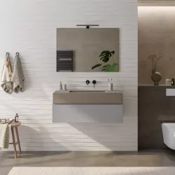 Mobile bagno sospeso 100 cm grigio matt con top lavabo beige effetto pietra e specchio - Verano