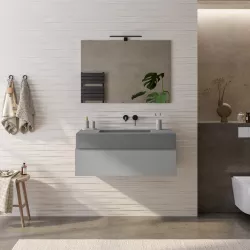 Mobile bagno sospeso 100 cm grigio matt con top lavabo grigio effetto pietra e specchio - Verano