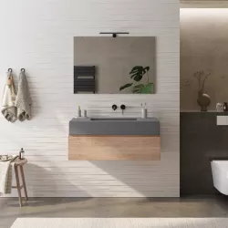 Mobile bagno sospeso 100 cm rovere biscuit con top lavabo grigio effetto pietra e specchio - Verano