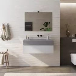 Mobile bagno sospeso 100 cm bianco petalo con top lavabo grigio effetto pietra e specchio - Verano