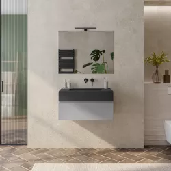 Mobile bagno sospeso 80 cm grigio matt con top lavabo antracite effetto pietra e specchio - Verano