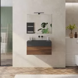 Mobile bagno sospeso 80 cm rovere deciso con top lavabo antracite effetto pietra e specchio - Verano