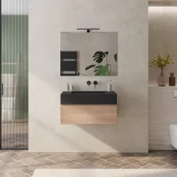 Mobile bagno sospeso 80 cm rovere biscuit con top lavabo antracite effetto pietra e specchio - Verano