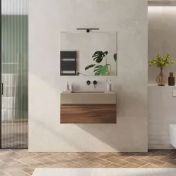 Mobile bagno sospeso 80 cm rovere deciso con top lavabo beige effetto pietra e specchio - Verano