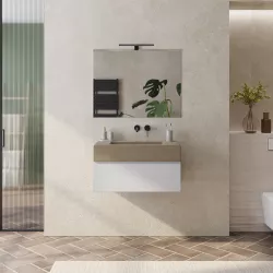 Mobile bagno sospeso 80 cm bianco petalo con top lavabo beige effetto pietra e specchio - Verano