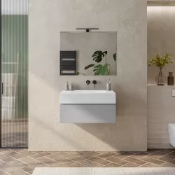 Mobile bagno sospeso 80 cm grigio matt con top lavabo bianco effetto pietra e specchio - Verano