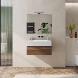 Mobile bagno sospeso 80 cm rovere deciso con top lavabo bianco effetto pietra e specchio - Verano