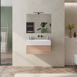 Mobile bagno sospeso 80 cm rovere biscuit con top lavabo bianco effetto pietra e specchio - Verano