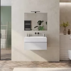 Mobile bagno sospeso 80 cm bianco petalo con top lavabo bianco effetto pietra e specchio - Verano