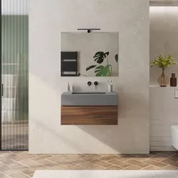 Mobile bagno sospeso 80 cm rovere deciso con top lavabo grigio effetto pietra e specchio - Verano