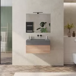 Mobile bagno sospeso 80 cm rovere biscuit con top lavabo grigio effetto pietra e specchio - Verano