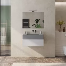 Mobile bagno sospeso 80 cm bianco petalo con top lavabo grigio effetto pietra e specchio - Verano