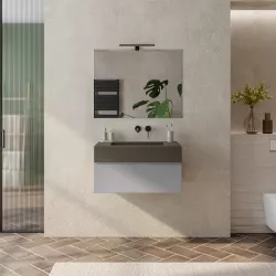 Mobile bagno sospeso 80 cm grigio matt con top lavabo marrone effetto pietra e specchio - Verano