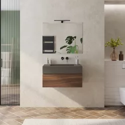 Mobile bagno sospeso 80 cm rovere deciso con top lavabo marrone effetto pietra e specchio - Verano