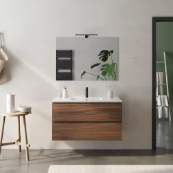 Mobile bagno sospeso 100 cm rovere deciso con lavabo in ceramica e specchio - Verano Plus