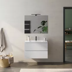 Mobile bagno sospeso 80 cm bianco petalo con lavabo integrato e specchio - Verano Plus