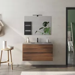 Mobile bagno sospeso 100 cm rovere deciso con lavabo in vetro marrone kodiak e specchio - Verano Plus