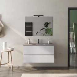 Mobile bagno sospeso 100 cm bianco petalo con lavabo in vetro marrone kodiak e specchio - Verano Plus