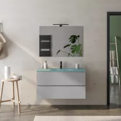 Mobile bagno sospeso 100 cm grigio matt con lavabo in vetro verde e specchio - Verano Plus