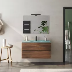 Mobile bagno sospeso 100 cm rovere deciso con lavabo in vetro verde e specchio - Verano Plus