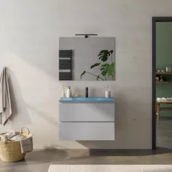 Mobile bagno sospeso 80 cm grigio matt con lavabo in vetro blu e specchio - Verano Plus