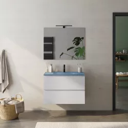 Mobile bagno sospeso 80 cm bianco petalo con lavabo in vetro blu e specchio - Verano Plus