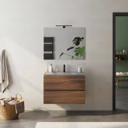 Mobile bagno sospeso 80 cm rovere deciso con lavabo in vetro marrone kodiak e specchio - Verano Plus