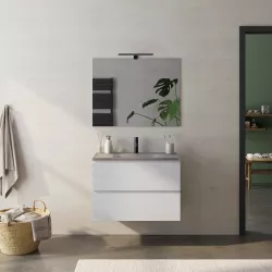 Mobile bagno sospeso 80 cm bianco petalo con lavabo in vetro marrone kodiak e specchio - Verano Plus