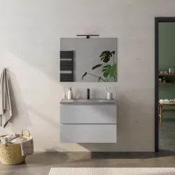 Mobile bagno sospeso 80 cm grigio matt con lavabo in vetro marrone e specchio - Verano Plus