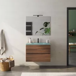 Mobile bagno sospeso 80 cm rovere deciso con lavabo in vetro verde e specchio - Verano Plus