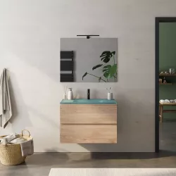 Mobile bagno sospeso 80 cm rovere biscuit con lavabo in vetro verde e specchio - Verano Plus