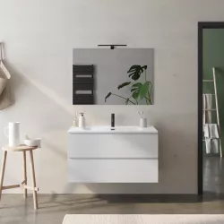 Mobile bagno sospeso 100 cm bianco petalo con lavabo integrato e specchio - Verano Plus