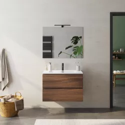 Mobile bagno sospeso 80 cm rovere deciso con lavabo integrato opaco e specchio - Verano Plus