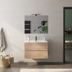 Mobile bagno sospeso 80 cm rovere biscuit con lavabo integrato opaco e specchio - Verano Plus