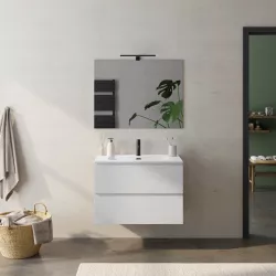 Mobile bagno sospeso 80 cm bianco petalo con lavabo integrato opaco e specchio - Verano Plus