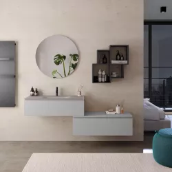 Mobile bagno sospeso 100 cm con cassettone grigio matt e lavabo in vetro marrone - Verano