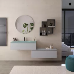 Mobile bagno sospeso 100 cm con cassettone grigio matt e lavabo in vetro verde - Verano