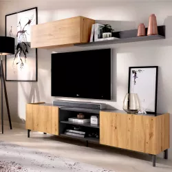 Parete attrezzata 182 cm in legno rovere nordico e grafite - Tosa